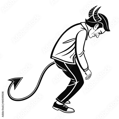 Sad businessman devil with horns and tail looking downwards