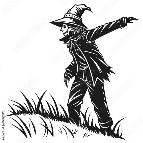Scary scarecrow in a pointing pose standing in tall grass