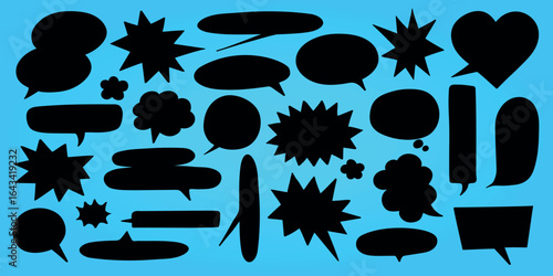 Collection of black speech bubbles on a blue background. Speech bubbles in various shapes. Speech bubbles for comics, chat, and design. Speech bubbles silhouette. Message illustration vector.