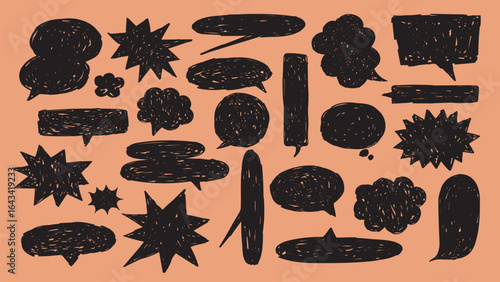 Collection of black speech bubbles and thought clouds on a peach background. Speech bubbles and thought clouds in various shapes. Bold speech bubbles and clouds. Message illustration vector.