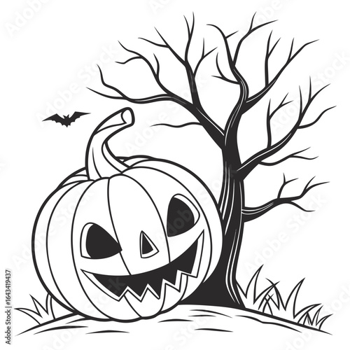 Spooky halloween jack o lantern with bare tree and flying bat illustration