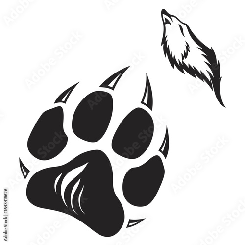 Stylized black wolf head howling above a large paw print with sharp claws