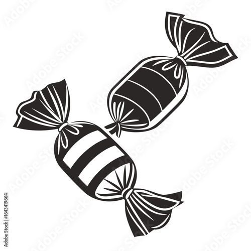 Two black and white stylized candies with striped wrappers tied at both ends