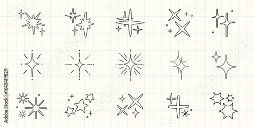 Set of hand-drawn star icons, featuring various star shapes and sparkles. Stars and sparkles are in simple, minimalist style, perfect for designs needing star icons. Element vector set.