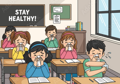 Students in a classroom are shown blowing their noses and coughing into tissues, with a blackboard message urging them to 'Stay Healthy!'.