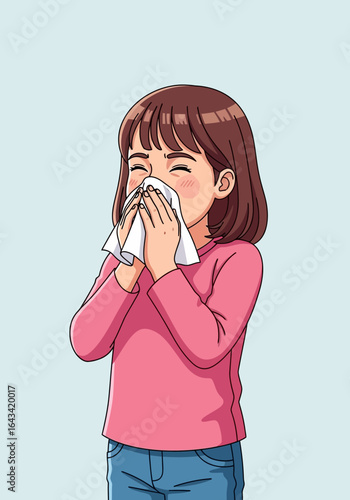 A young girl with brown hair is holding a white tissue to her nose, appearing to sneeze or blow her nose.