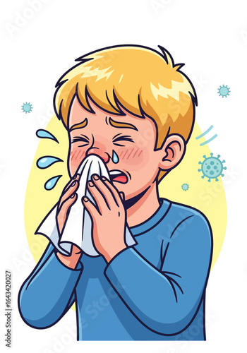 Cartoon illustration of a young boy with blonde hair sneezing into a tissue, surrounded by virus particles, depicting illness or allergies.