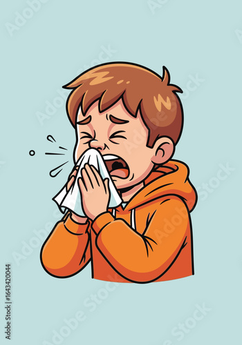 A cartoon illustration of a young boy sneezing into a tissue, with droplets flying out.