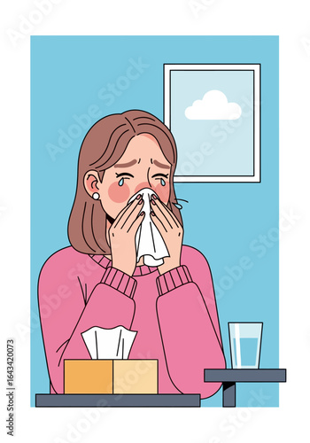 Woman with a cold blowing her nose with a tissue, feeling unwell.