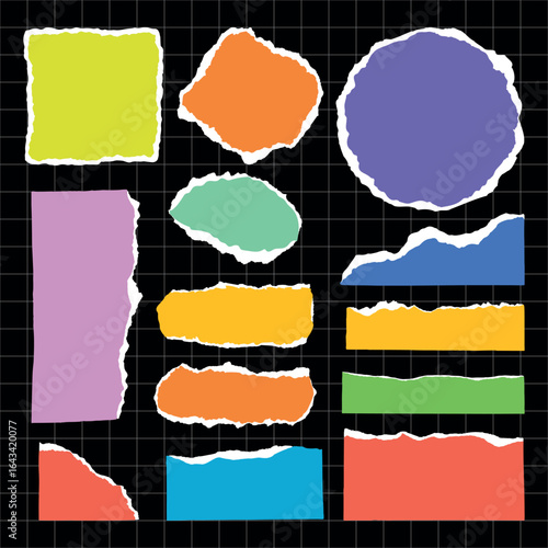 Colorful torn paper shapes on a grid background. Torn paper in various colors and shapes. Creative torn paper design for art projects. Torn paper elements. Colorful element vector set.