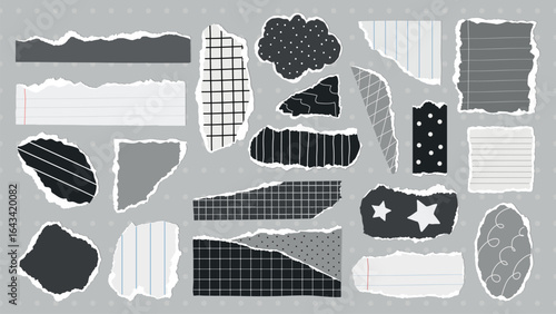 Collection of torn paper scraps in various shapes and patterns. Torn paper with grid, polka dots, and lines. Torn paper pieces for creative design. Gray element vector set.