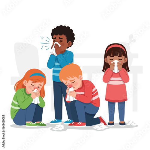 Four children with tissues, appearing sick and unhappy.