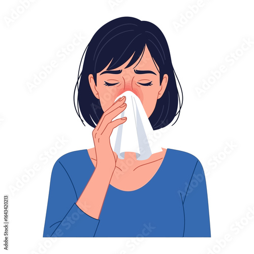 Illustration of a woman holding a tissue to her nose, indicating illness or allergies.