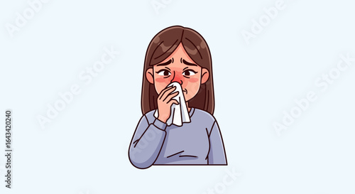 A young woman with a runny nose, sadly wiping her nose with a tissue.