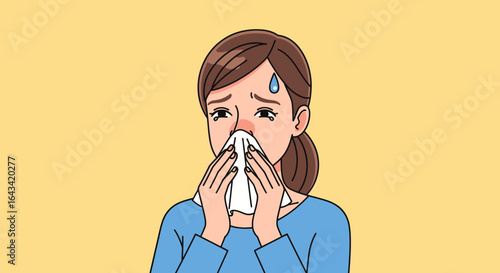 An illustrated woman with a sad, worried expression wipes her red, runny nose with a tissue, suffering from a cold, flu, or allergies.
