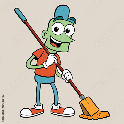 A cheerful cartoon janitor happily sweeps the floor with a mop.