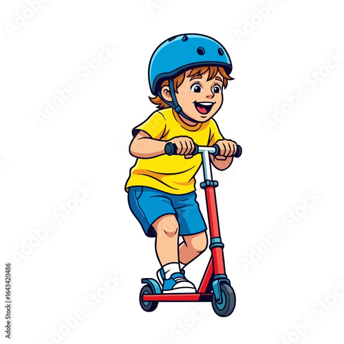 Vector art of happy boy wearing a blue helmet riding a red scooter, isolated on white background