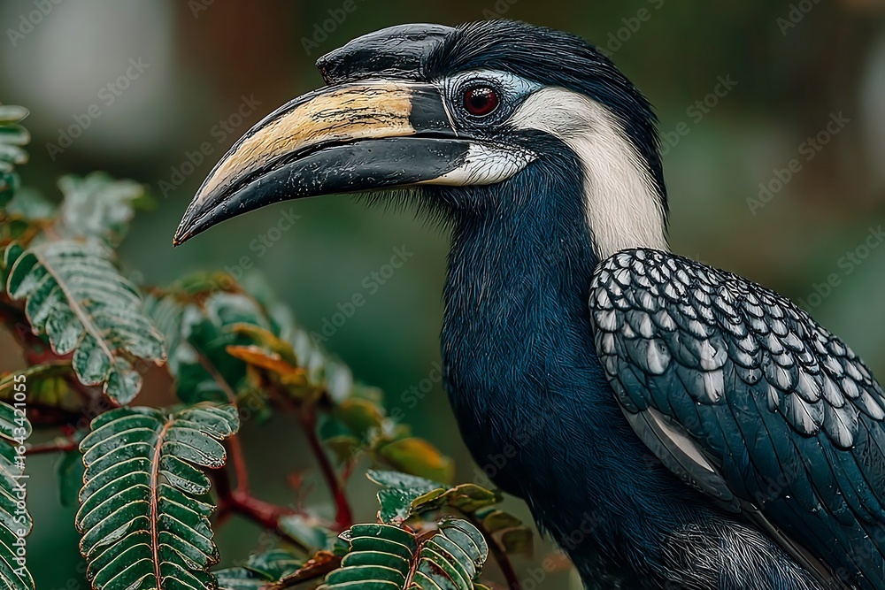 Fototapeta premium Stunning silvery-cheeked hornbill with vivid red eyes perches elegantly among lush tropical foliage