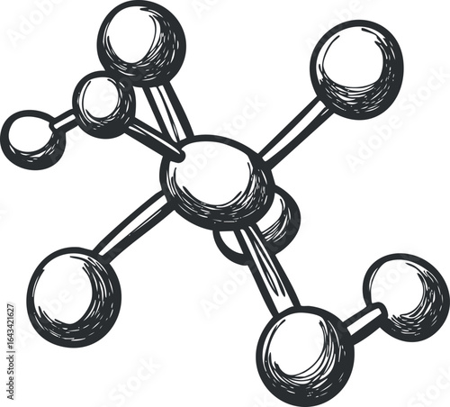 Hand drawn black and white illustration of a molecule model with atoms and bonds representing chemical structure