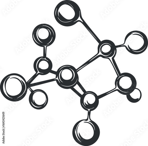 Black and white vector illustration of a molecule structure with connected atoms and bonds