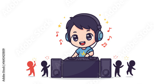 Cute Cartoon Boy DJ Playing Music at a Party