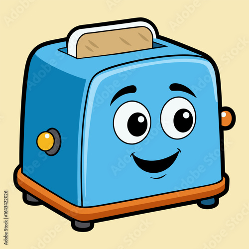 A cheerful, cartoon toaster with a slice of bread, smiling happily.