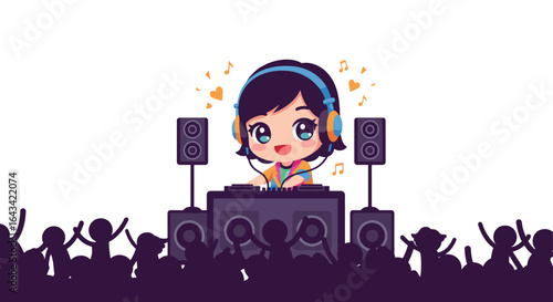 Cute Cartoon Female DJ Entertaining Cheering Crowd
