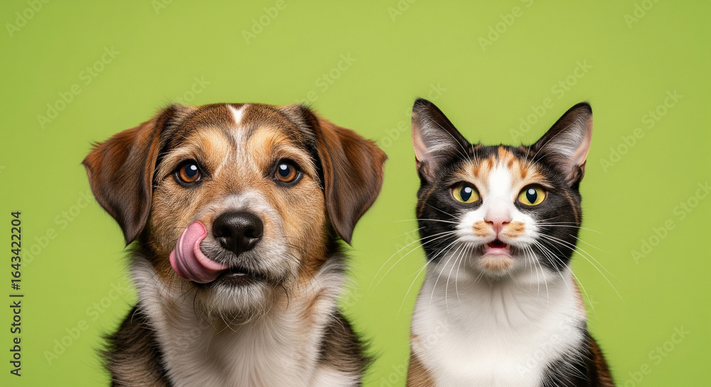 Fototapeta premium Funny random dog and random cat making silly faces together on bright green background, studio lighting, photorealistic high-resolution animal portrait
