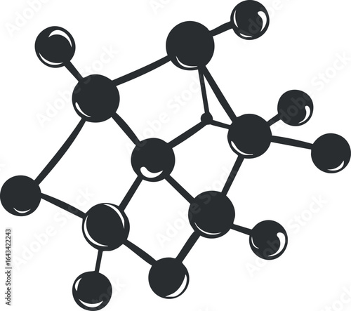 Black and white illustration of a molecular structure showing atoms connected by bonds in a chemical model