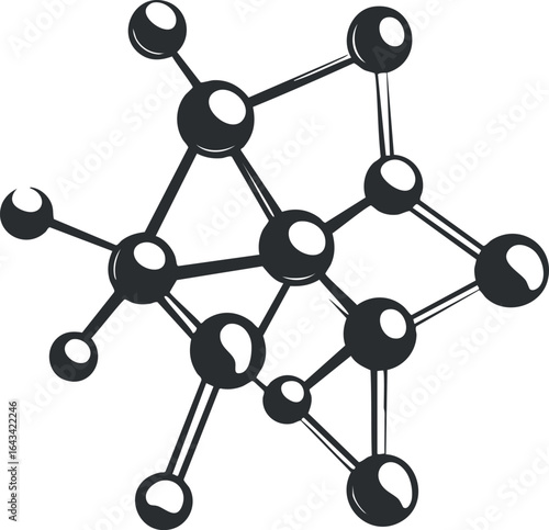 Black and white 3d molecular structure illustration showing atoms connected by bonds in science and chemistry