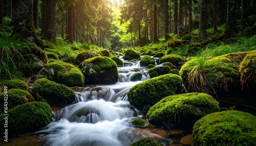 Serene mountain stream cascading over mossy boulders in a deep, sun-drenched green forest wilderness