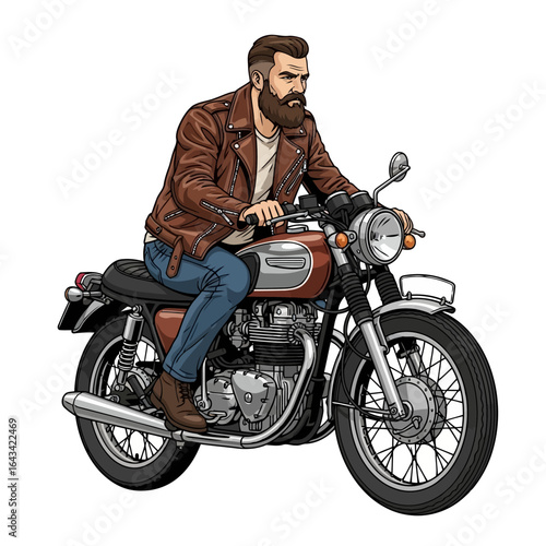 Vector art of man with a beard riding a vintage motorcycle, wearing a leather jacket, isolated on white background