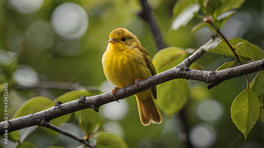 Obraz premium A Charming Yellow Canary Facing the Camera, Perched on a Branch with Soft Bokeh Background