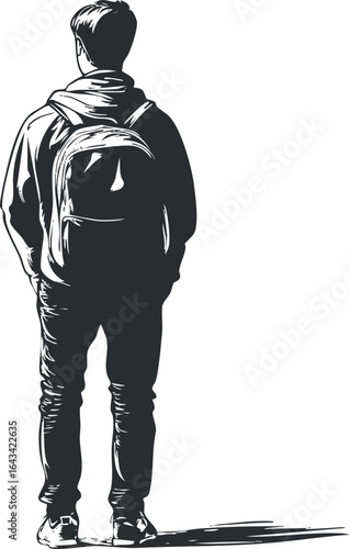 Silhouette illustration of a young male backpacker standing alone wearing casual clothes and a backpack