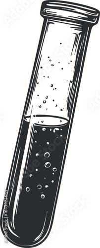 Black and white sketch of a test tube filled with liquid and bubbles for laboratory experiments