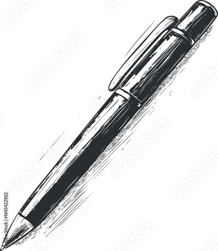 Black and white hand drawn sketch of a ballpoint pen with clip on a white background