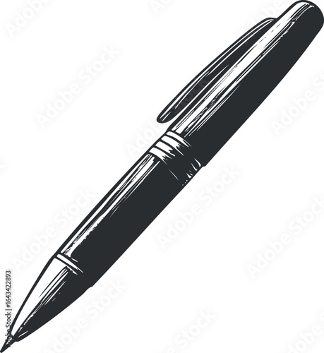 Black and white illustration of a ballpoint pen used for writing and drawing on paper