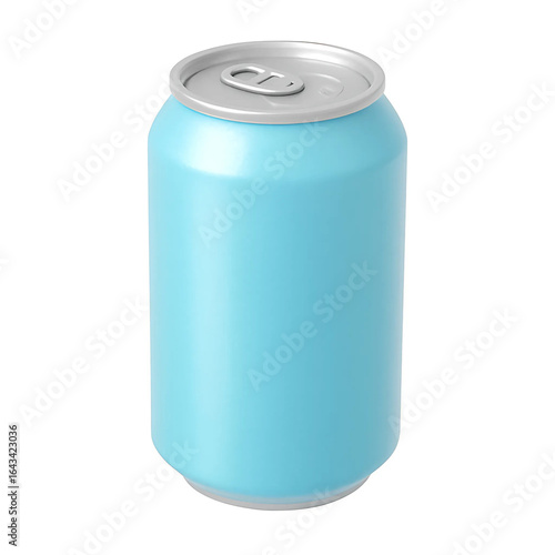 3D Pastel Sky-Blue Soda Can with Metallic Finish on white background 