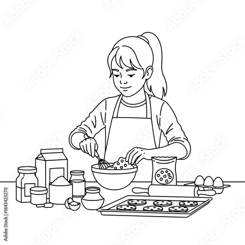 Vector art of girl baking cookies, mixing ingredients in a bowl, isolated on white background