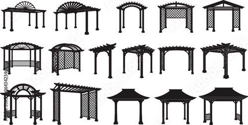 pergola, gazebo, pavilion, arbor, trellis, outdoor, garden, architecture, structure, design, silhouette, vector, set, collection, decorative, patio, canopy, shade, illustration, black
