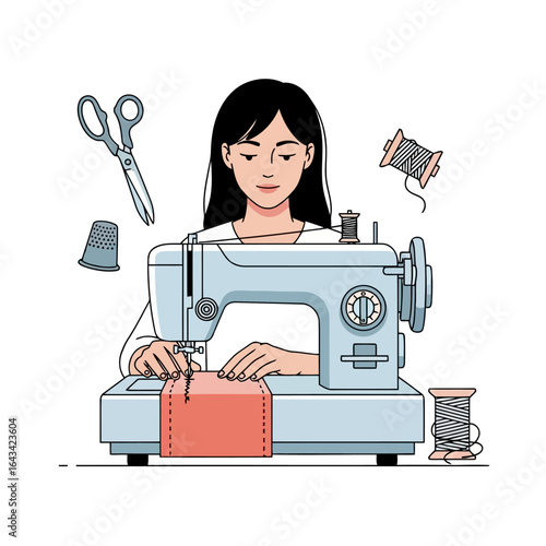 Vector art of woman sewing on a machine with thread, scissors, and thimble isolated on white background