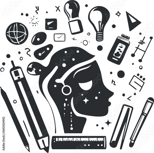 Black and white vector illustration of a human head silhouette surrounded by art and design tools and creative symbols