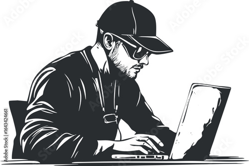 Wallpaper Mural Black and white illustration of a man wearing a cap and glasses working on a laptop at a desk Torontodigital.ca