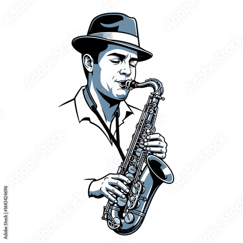 Vector art of man playing saxophone with a hat, isolated on white background
