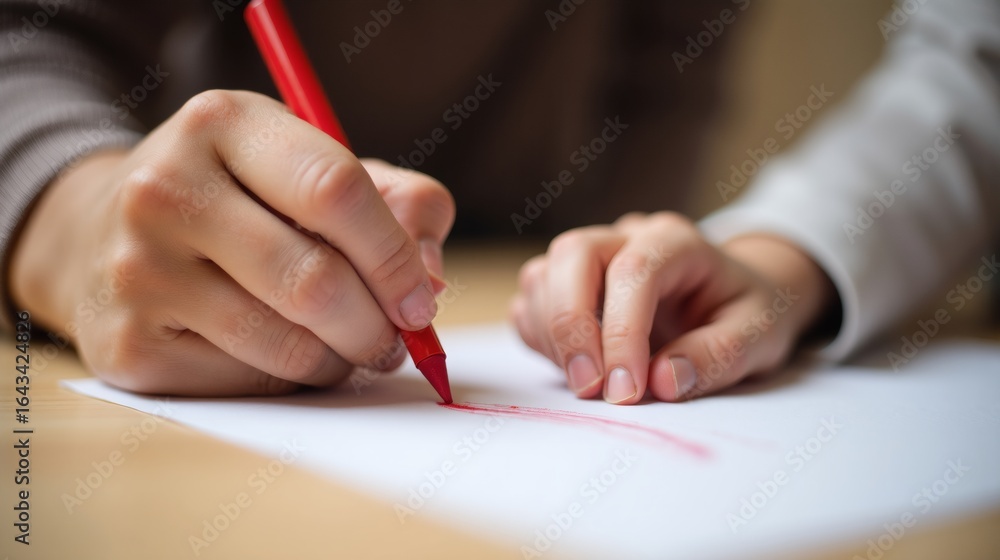 Obraz premium Close-up of hands drawing with a red crayon on white paper.