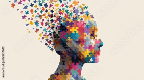 Colorful puzzle pieces create an artistic depiction of a human profile with thoughts and ideas flowing outward