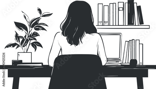 Black and white illustration of a woman sitting at a desk working on a computer with books and plant nearby