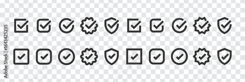 Set of checkmark icons featuring checkboxes, shields, and badges. Various checkmark styles in a grid. Perfect for checkmark designs and checkmark themes. Vector element set.