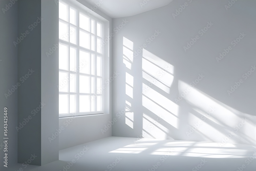 Fototapeta premium Bright sunlight casts shadows on a clean, white room.
