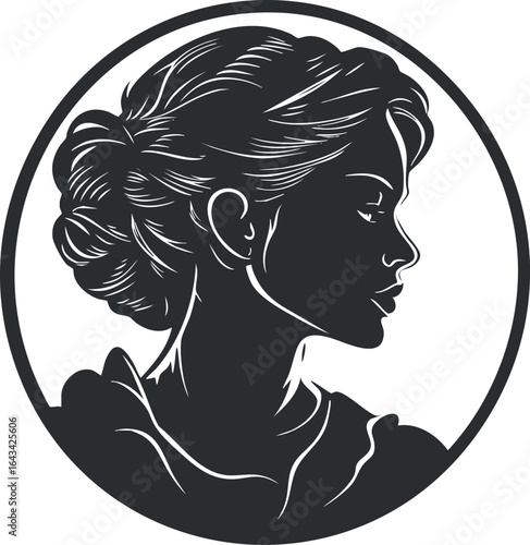 Black and white silhouette of a woman in profile with hair styled in an elegant bun inside a circle